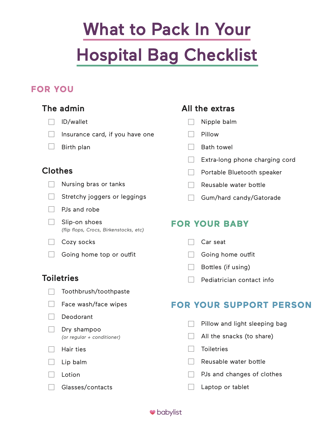An image of a What to pack in your hospital bag checklist