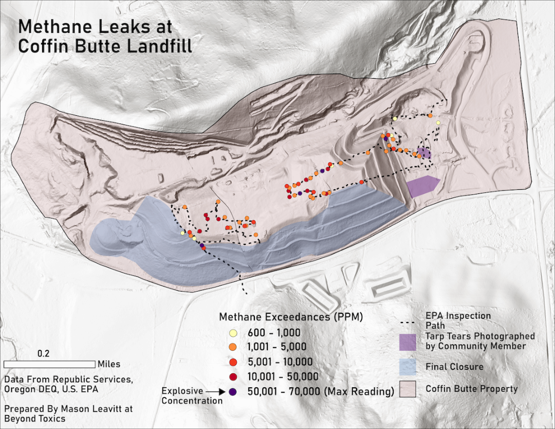 Methane leaks at Coffin Butte Landfill near Corvallis, Oregon