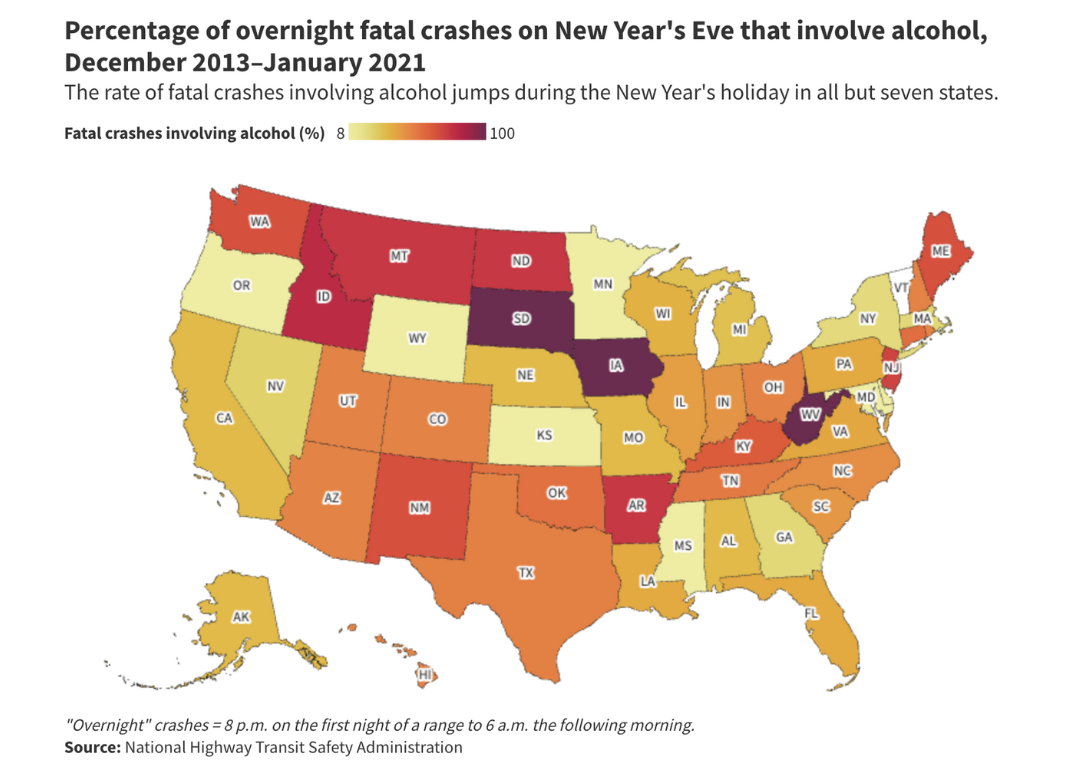A map of Percentage of overnight fatal crashes on New Year's Eve that involve alcohol, December 2013–January 2021 - "Overnight" crashes = 8 p.m. on the first night of a range to 6 a.m. the following morning.
