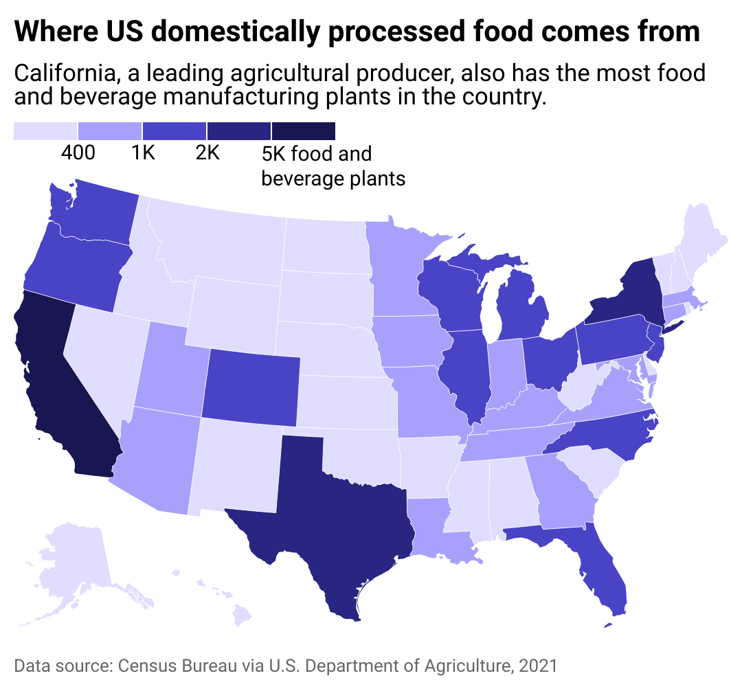 Map showing the number of food and beverage processing establishments by state.