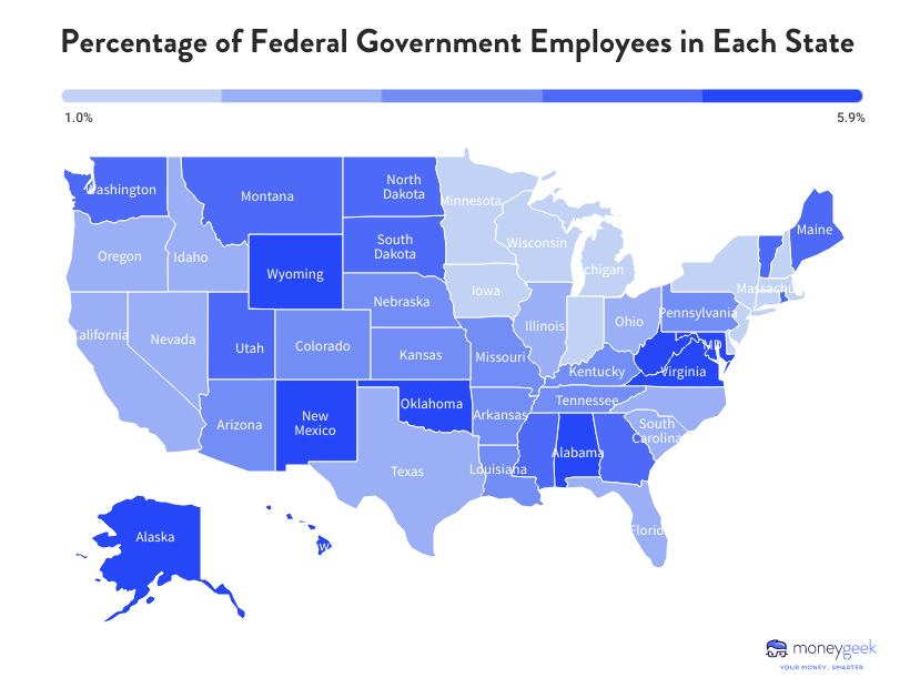 A heat map showing the number of federal employees in each state