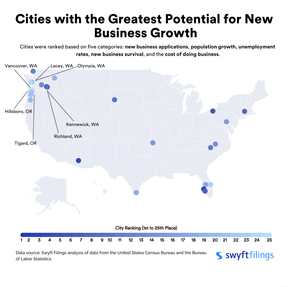 Map of USA showing Cities with the Greatest Potential for New Business Growth