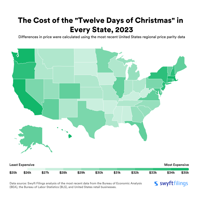 A heat map of the cost of the “Twelve days of Christmas” in every state as of 2023