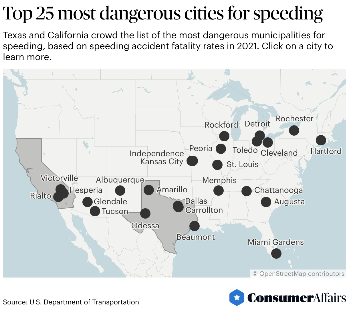map showing cities where speeding-related deaths are highest