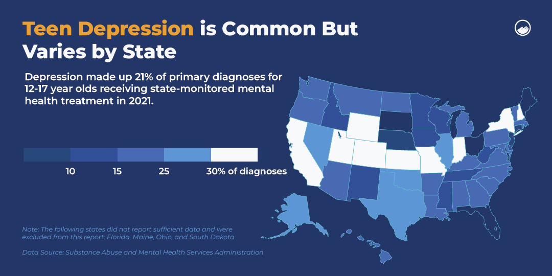 A map showing depression diagnosis rates for teenagers in 2021.
