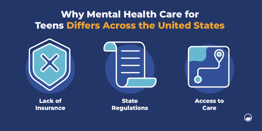 Illustration showing why mental health care for teens differs across the United States.