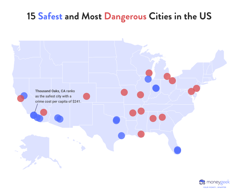 map of US showing locations with highest and lowest costs for crime
