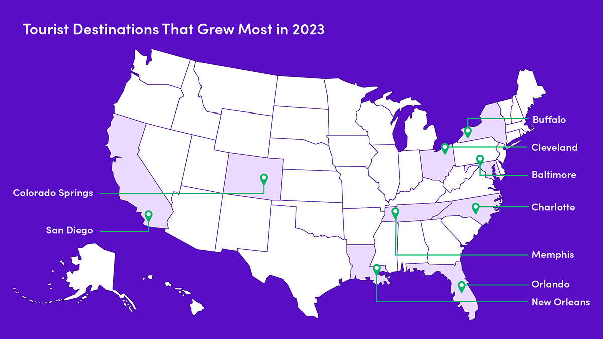 map showing ten cities where destinations for tourists grew the most in 2023