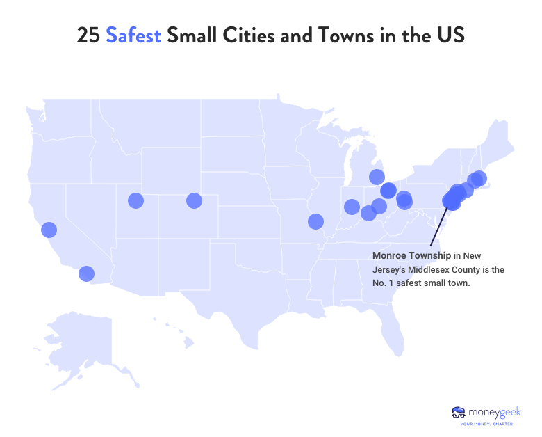 map showing locations of 25 safest small cities and towns in the US