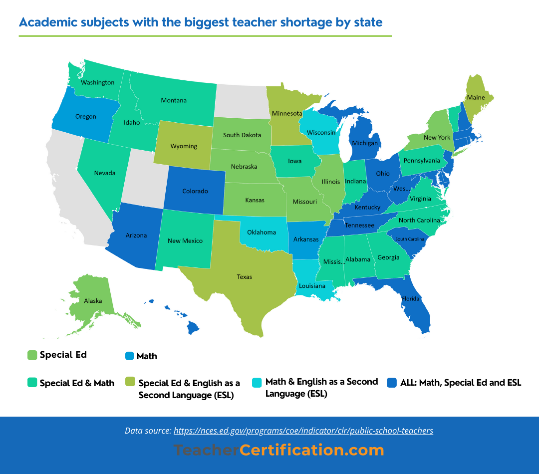 color map of US showing each state’s biggest subject-based teacher shortage