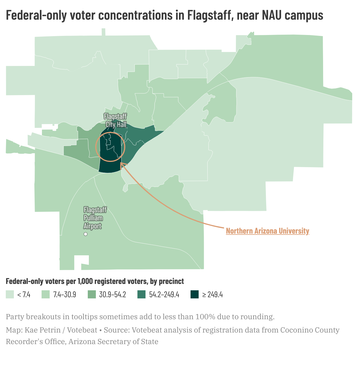 map showing federal-only voter concentrations in Flagstaff, near NAU campus
