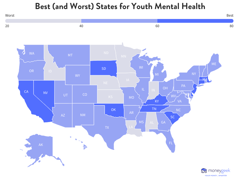 map showing Best (and Worst) States for Youth Mental Health