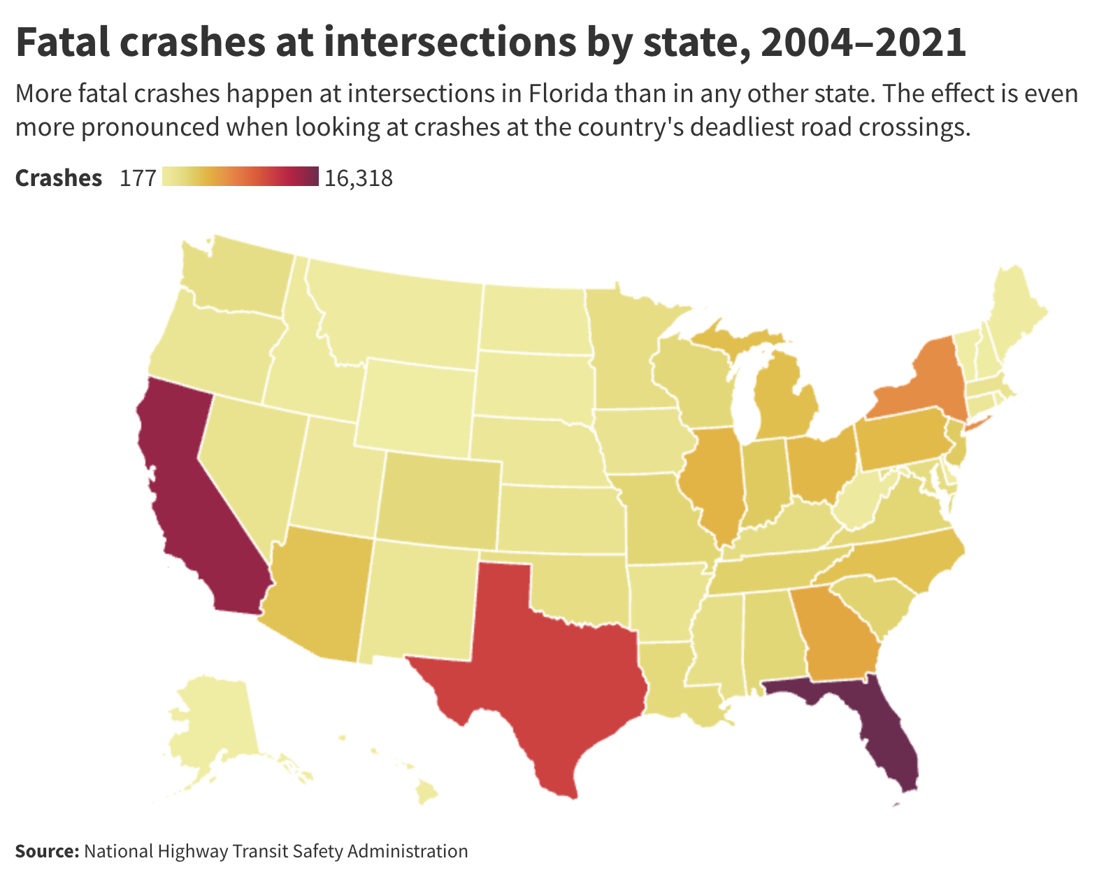 map showing Fatal crashes at intersections by state, 2004–2021