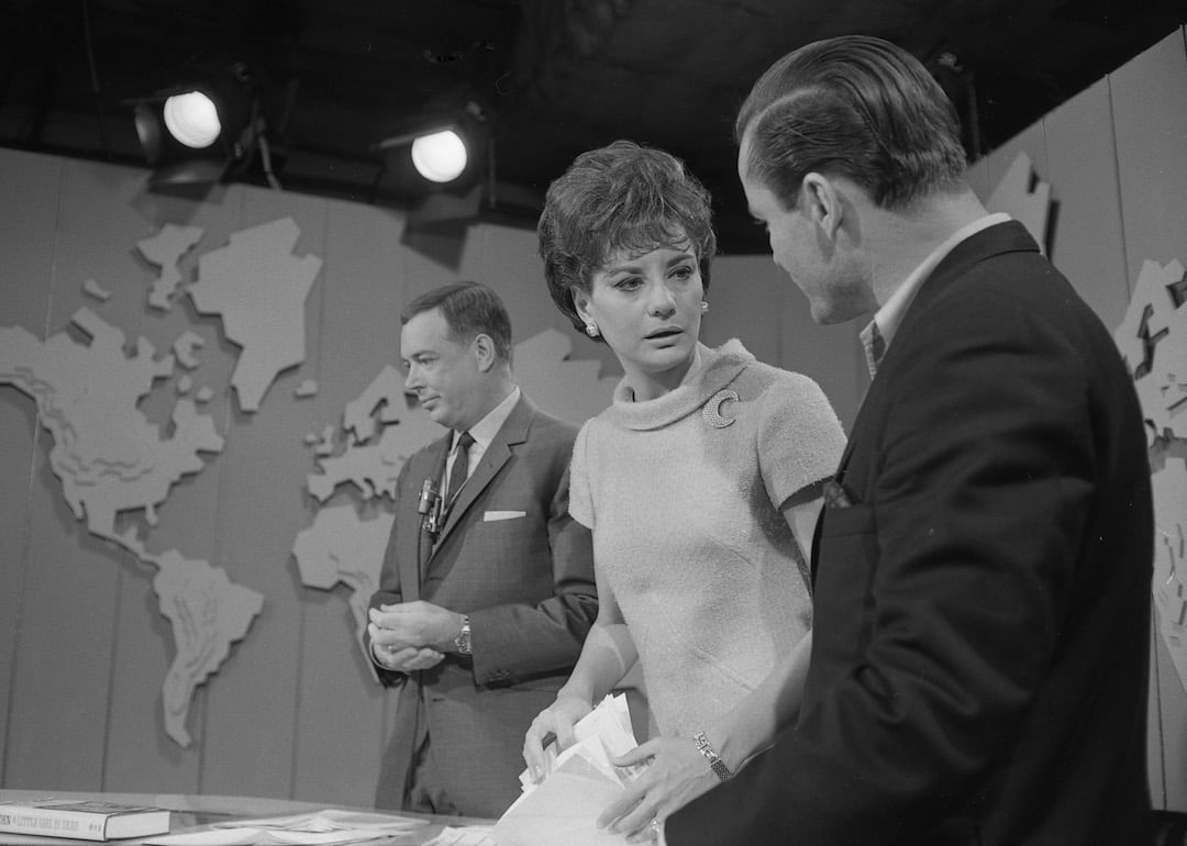 Broadcast journalist Barbara Walters with journalist Hugh Downs on the 'Today' show set in 1966.
