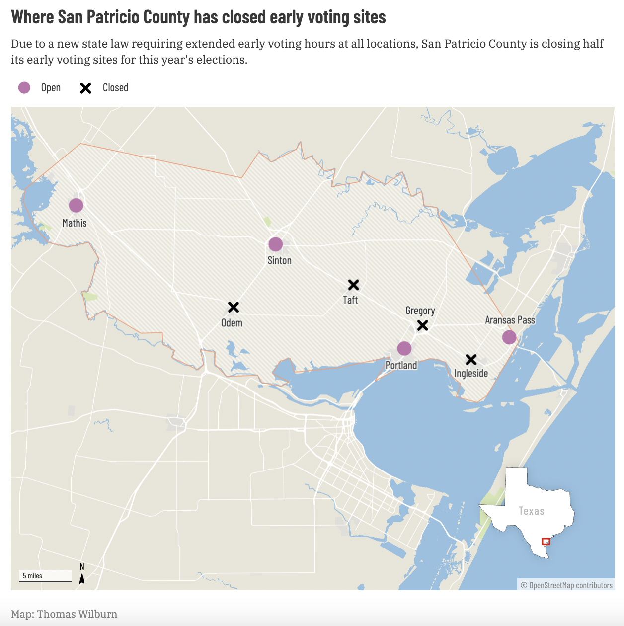 map showing where San Patricio County has closed early voting sites