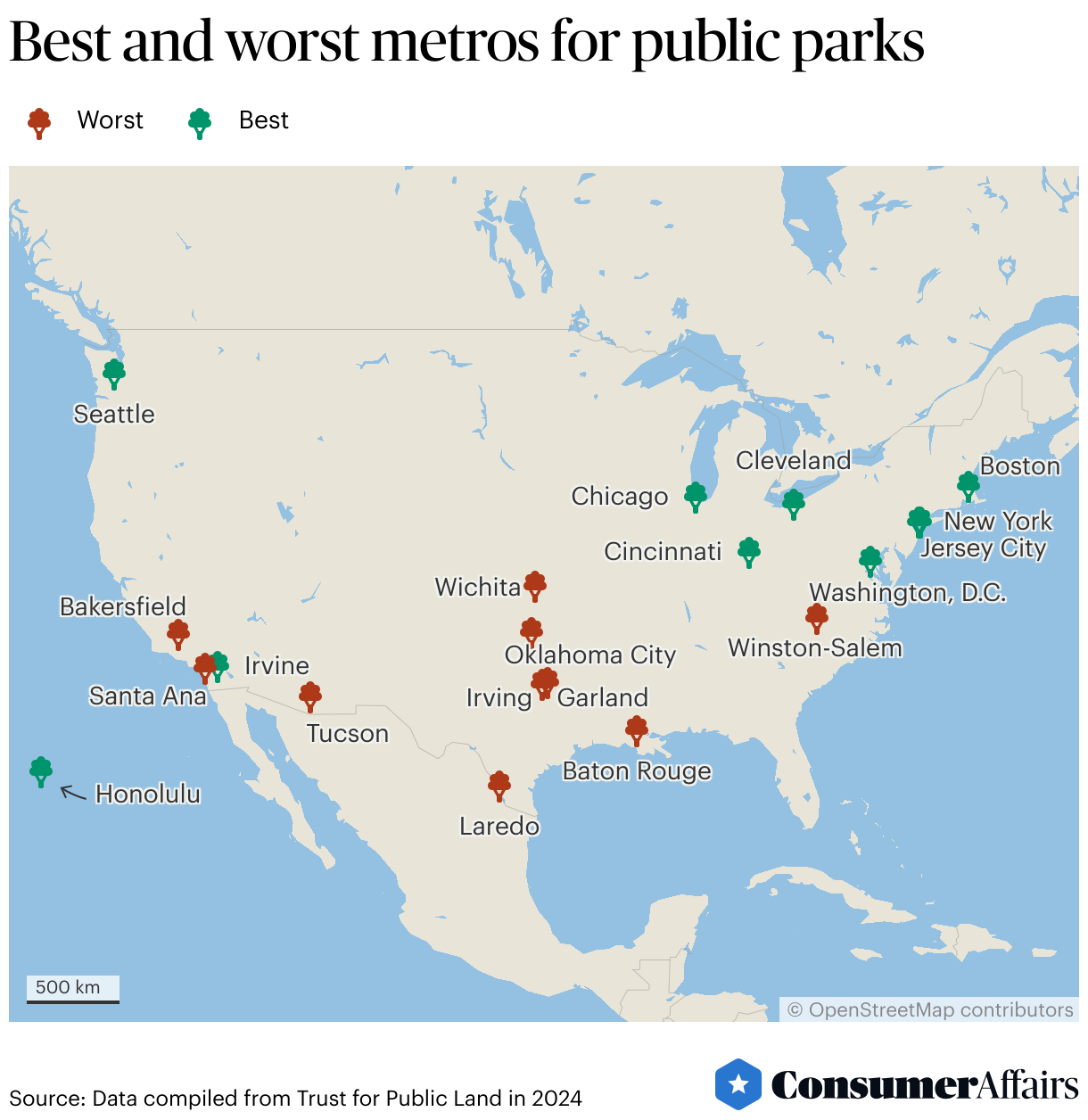 U.S. map showing best and worst cities for park access