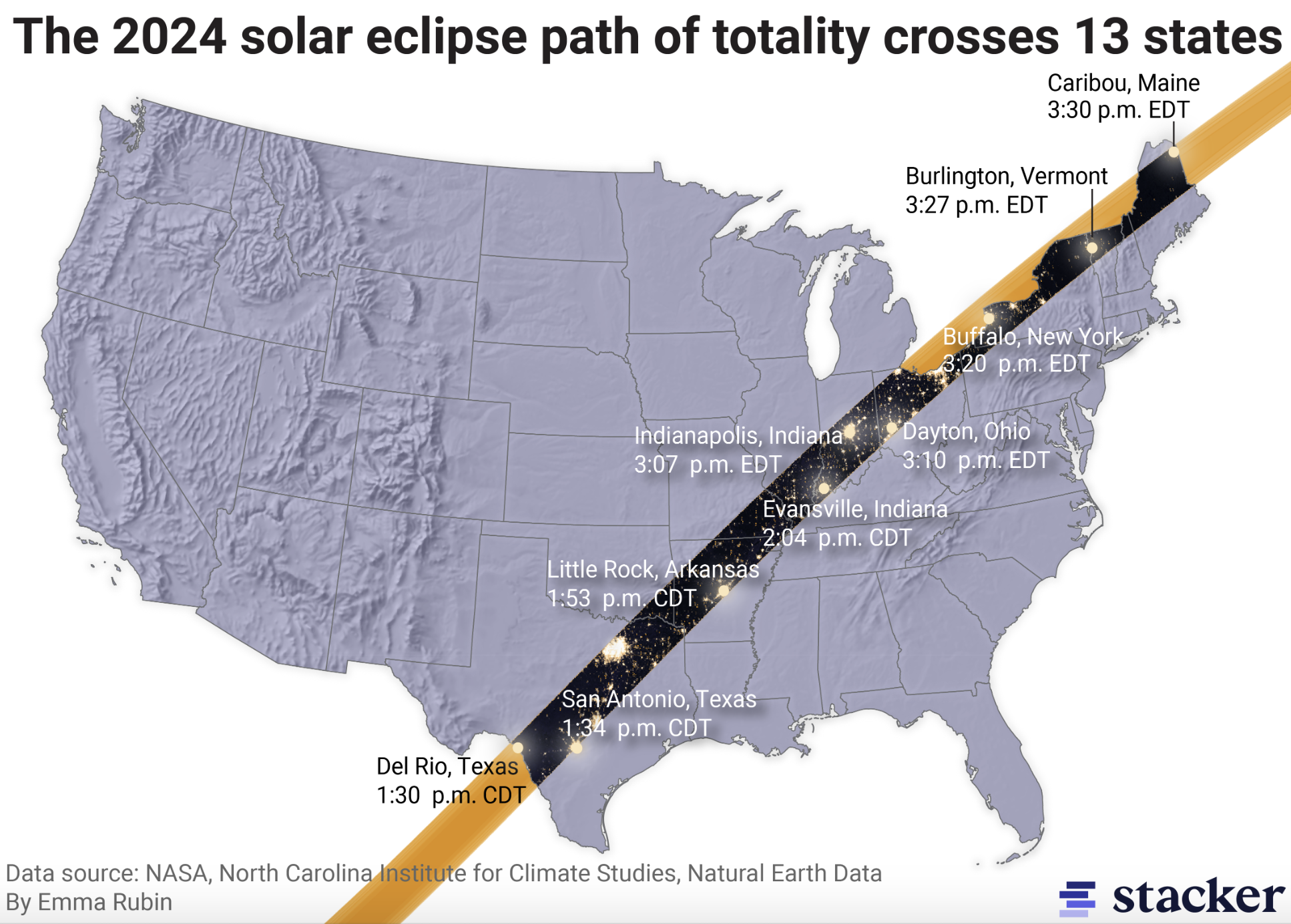 Map showing the path of totality across the U.S., passing through 13 states.
