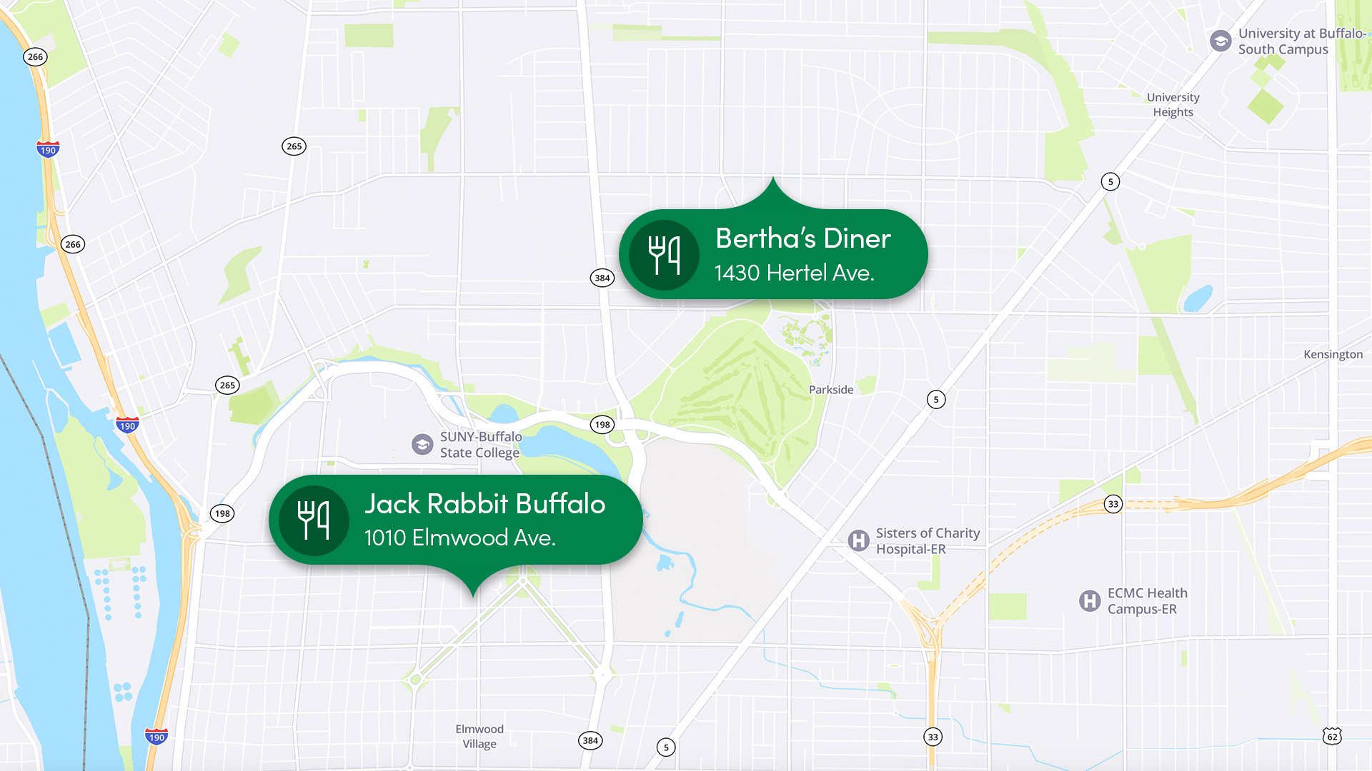 map showing food destinations in Buffalo, NY