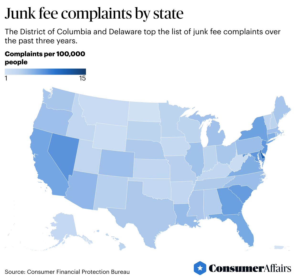 map showing junk fee complaints by state