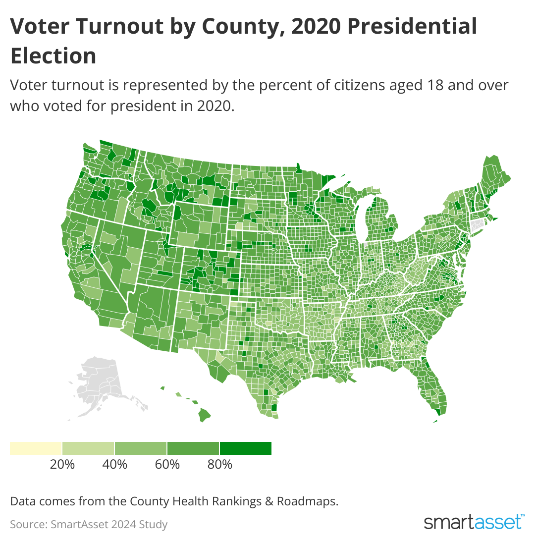 map showing voter turnout by county, 2020 presidential election