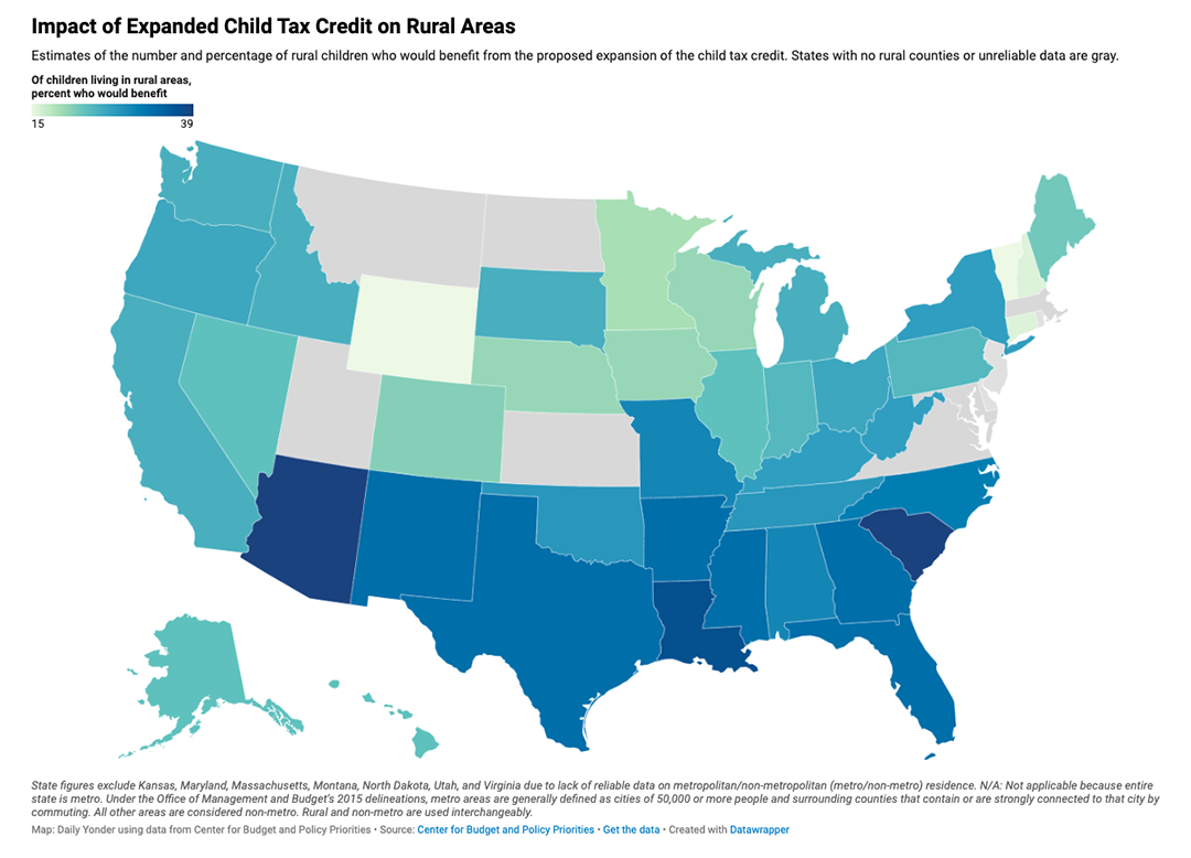 map: percentage of children in rural areas who would benefit from expanded child tax credit