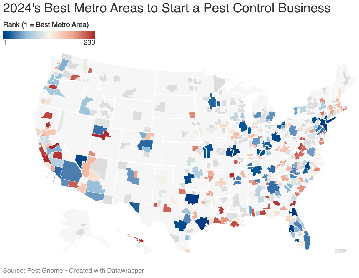 U.S. map showing best metro areas to start a pest control business.