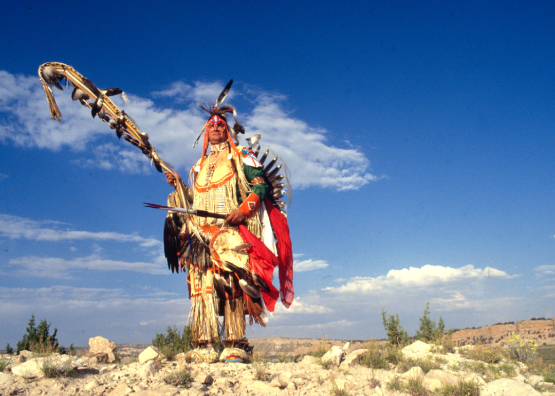 A Navajo chief stands on a hilltop during the Navajo Nation's annual gathering and celebration at Window Rock, Arizona.