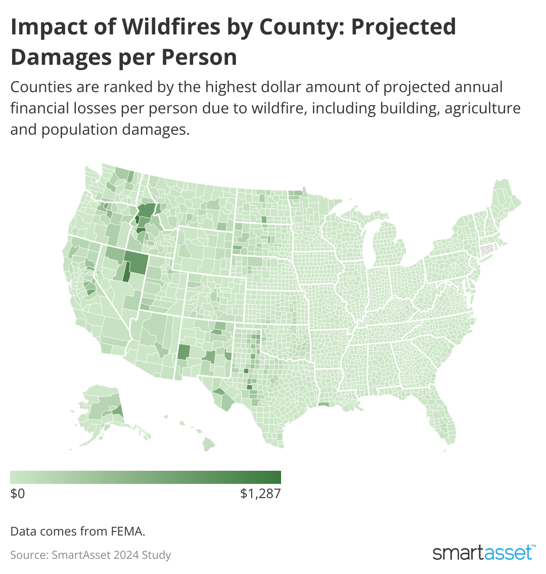 Map showing impact of wildfires by county: projected damages per person. 
