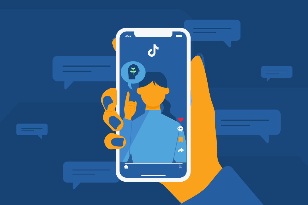 A digital illustration with a hand holding a smartphone with the TikTok app open.