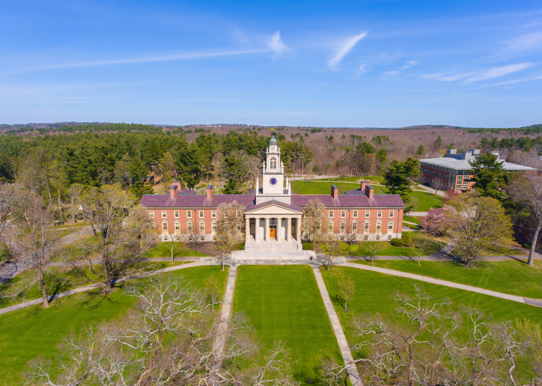 Phillips Academy aerial view in spring including Samuel Phillips Hall at 180 Main Street in historic town center of Andover, Massachusetts MA, USA.