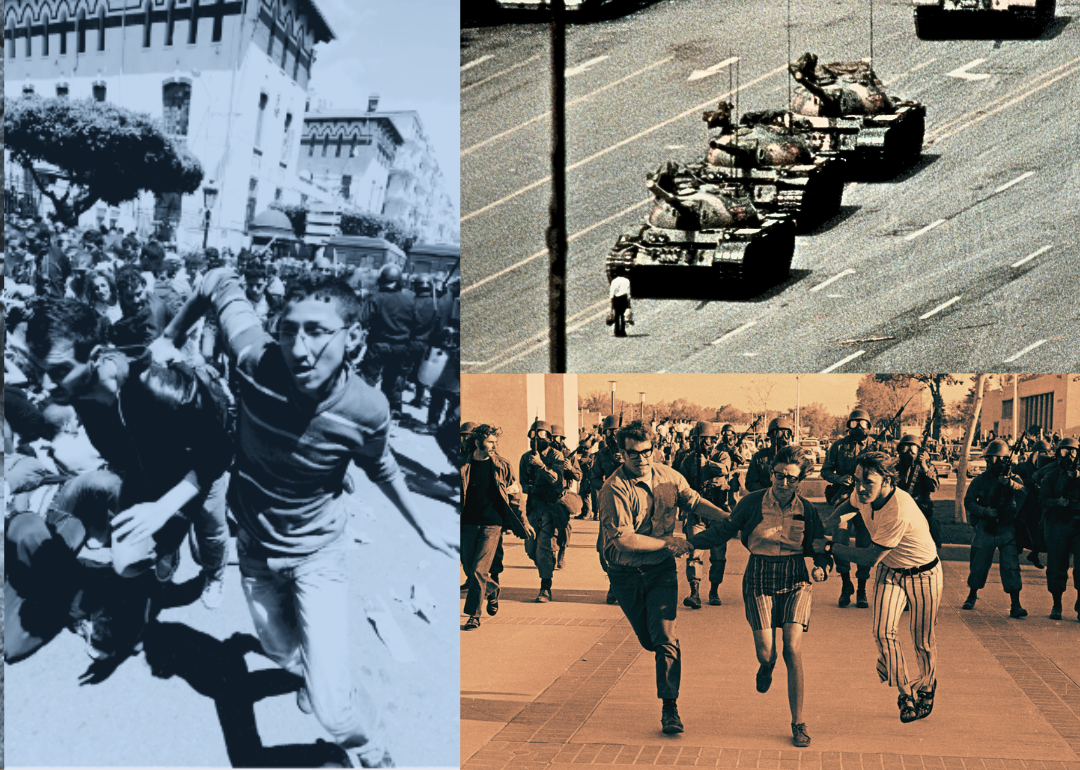 A split screen with three photos, including protestors marching with signs that say we condone sit-ins, a woman running in a marathon while men try to stop her, and a person standing in front of military tanks. 