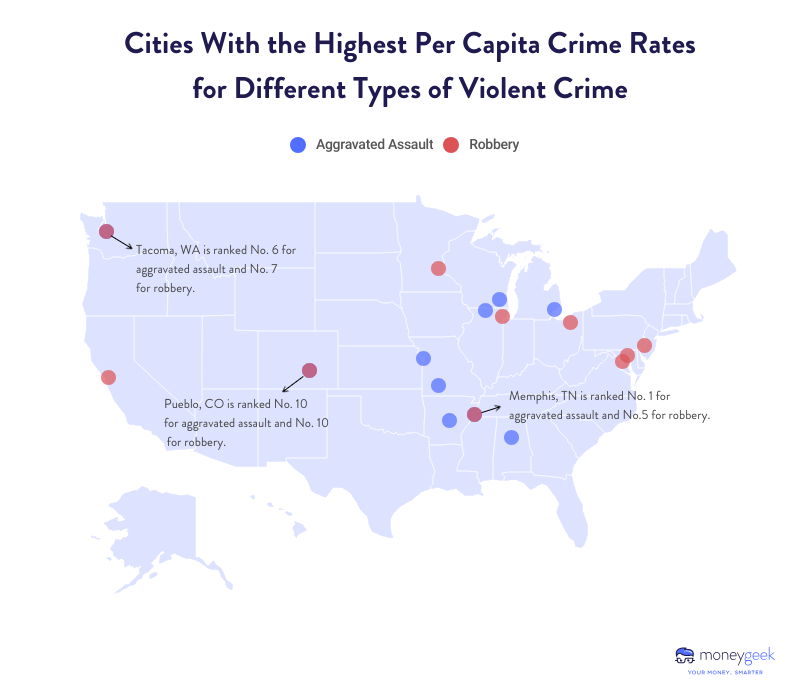 A map showing results of cities with the highest per capita crime rates for different types of violent crime.