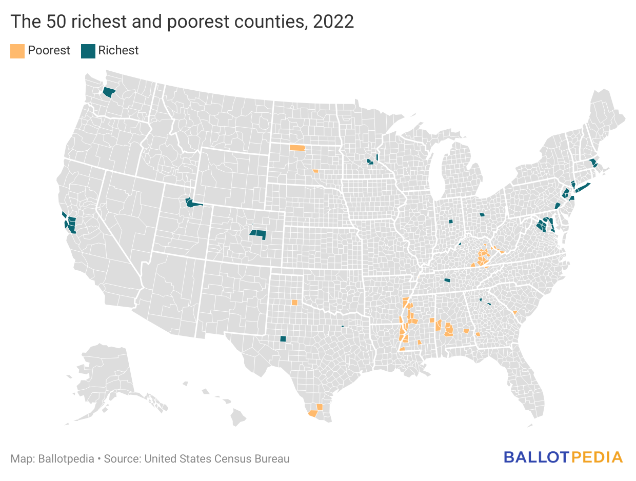 Map showing locations of the 50 richest and poorest counties, 2022.