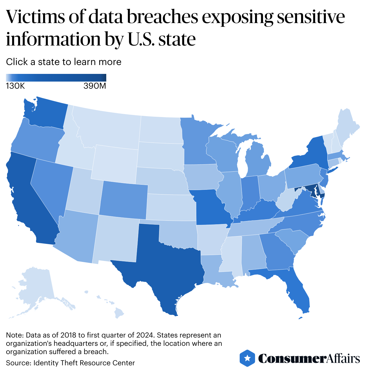 Heatmap for “Victims of data breaches exposing sensitive information by U.S. state”.