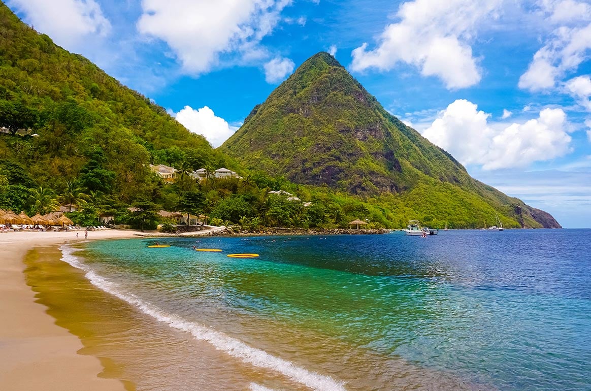 Sugar beach on St. Lucia with a view of Grand Piton mountain.