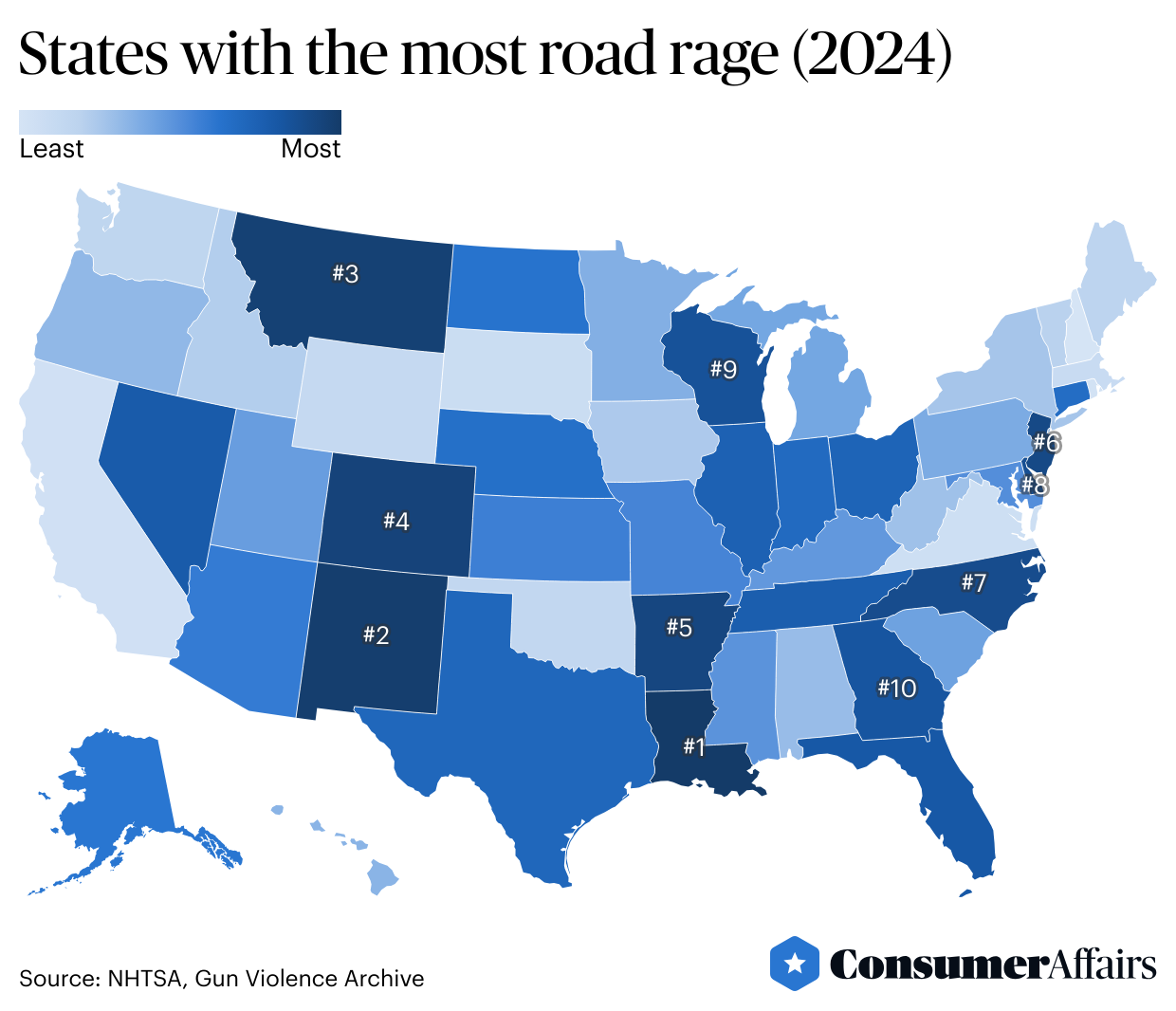 Heatmap showing “States with the most road rage (2024)”.