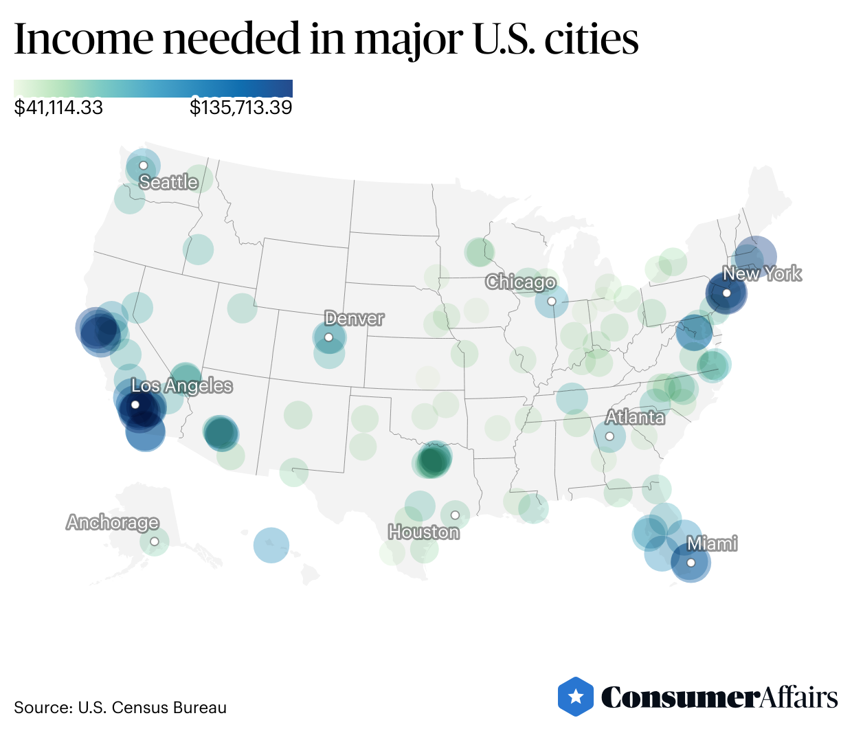 Heatmap showing “Income needed in major U.S. cities” results.