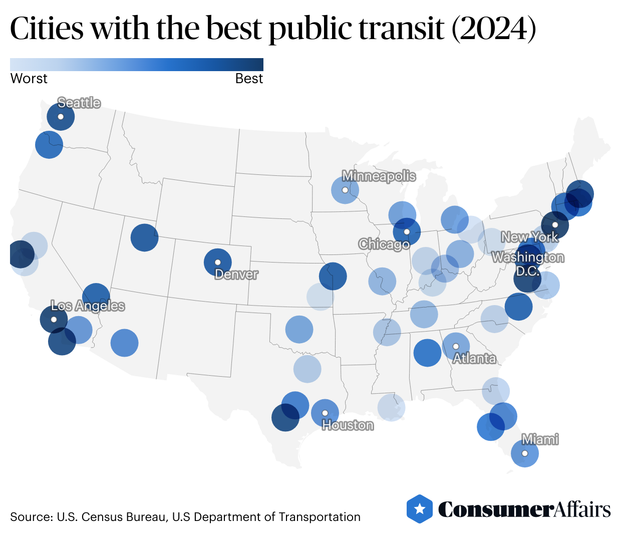 Map showing the Top 10 cities with the best public transit.