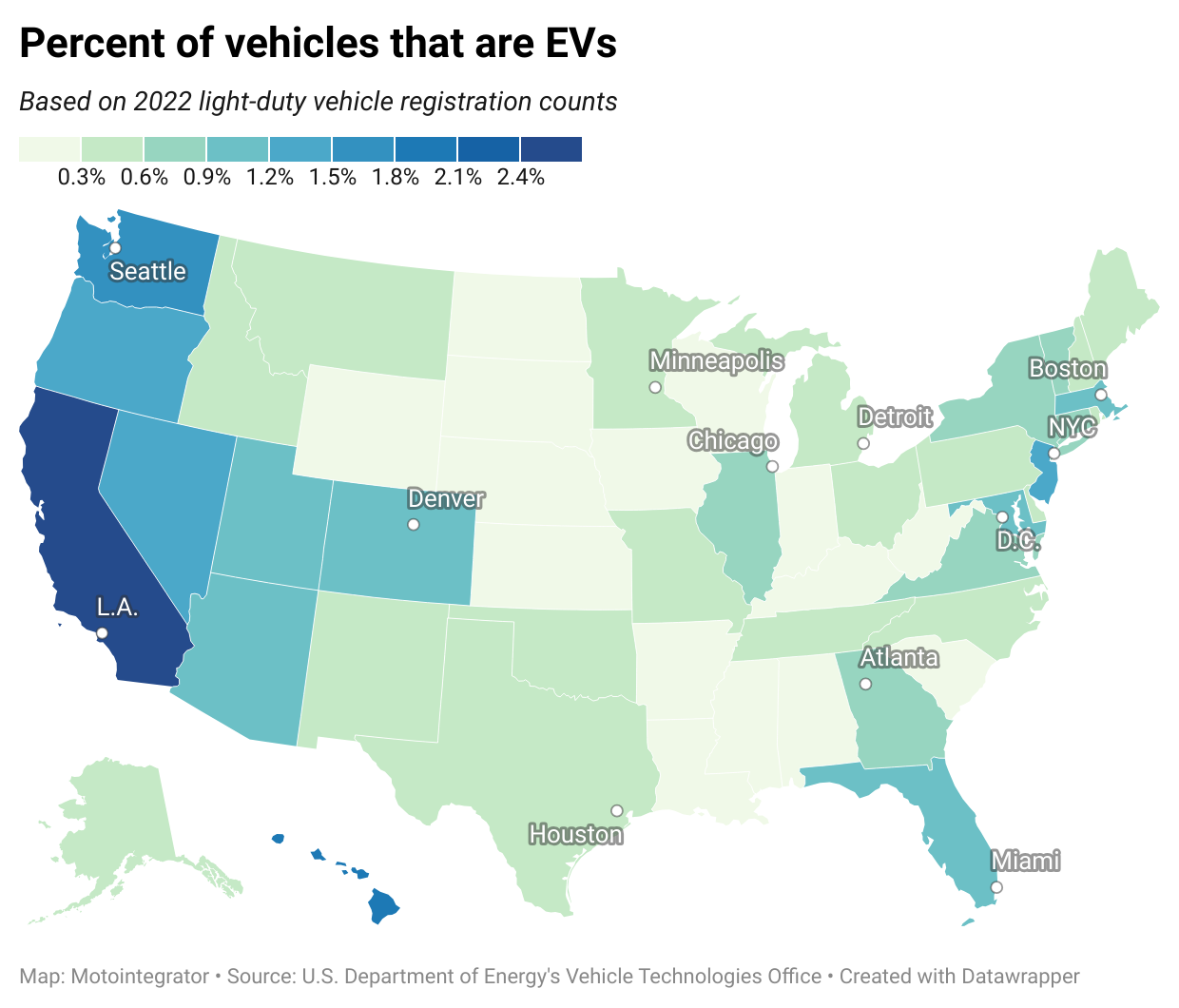 Map showing percent of vehicles that are EVs.