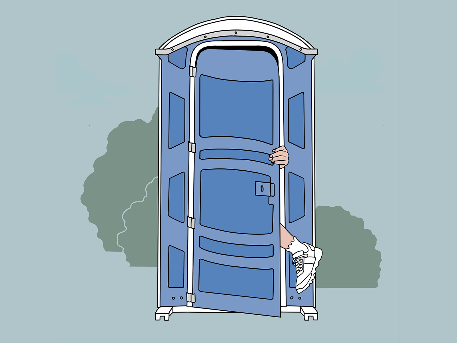 Illustration of person going into porta potty.