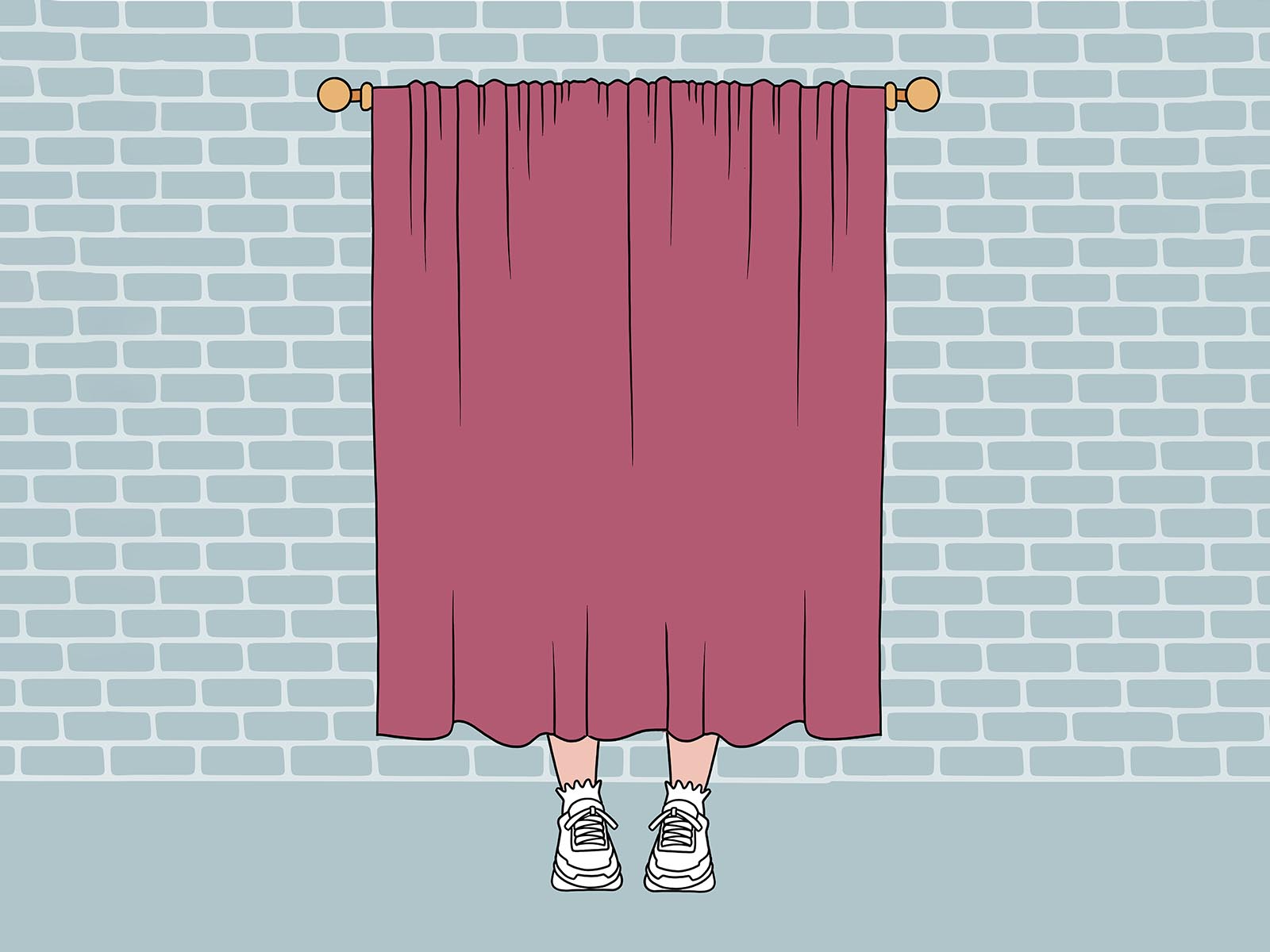 Illustration of person hiding behind red curtain for privacy.