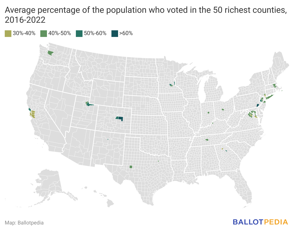 Map showing Average percentage of the population who voted in the 50 richest counties, 2016-2022