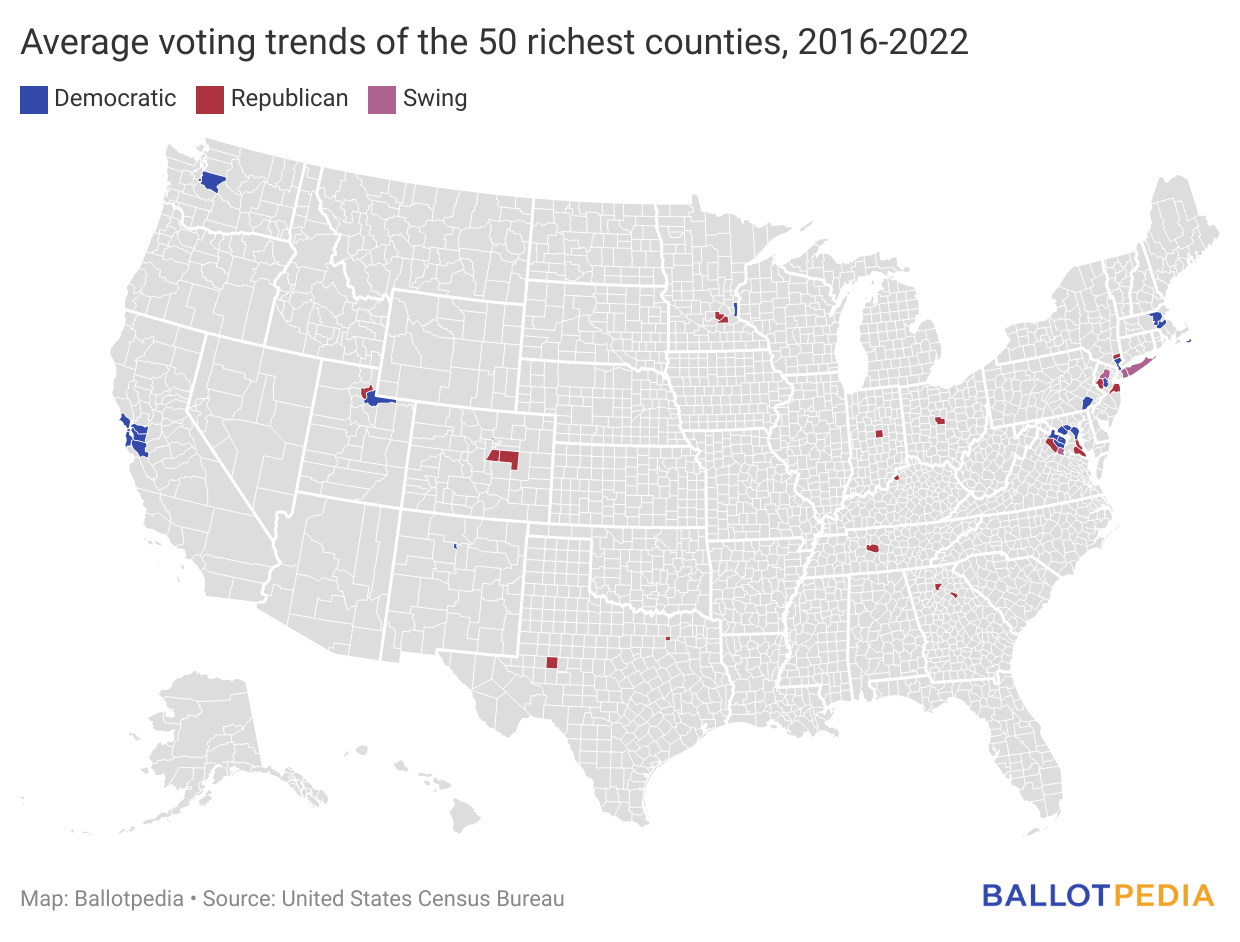 Map showing average voting trends of the 50 richest counties, 2016-2022
