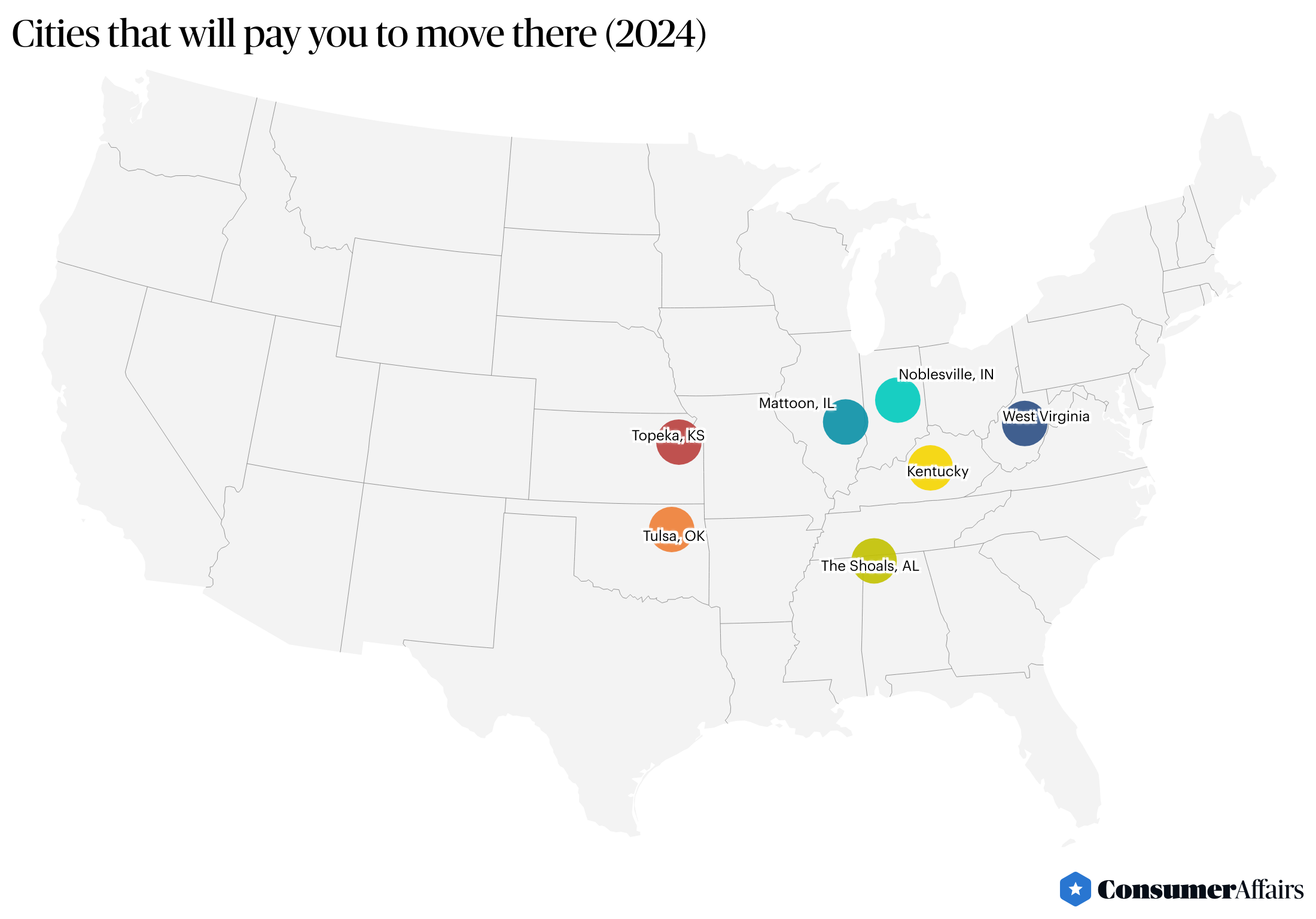 Map of U.S. showing cities that will pay you to move there (2024).