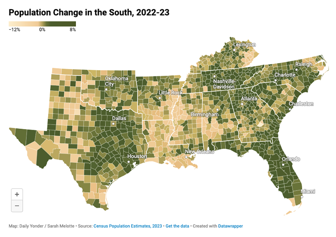 Map showing Population Change in the South, 2022-23.