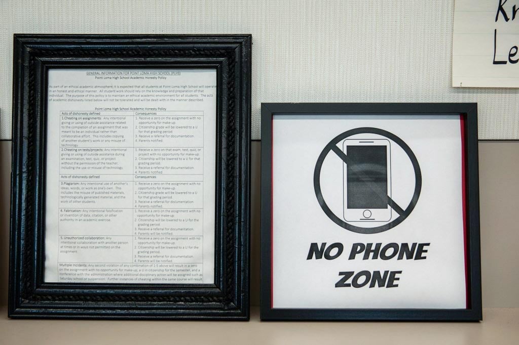 Photo showing a sign that reads “no phone zone” in teacher Jen Roberts’ class at Point Loma High School in San Diego.