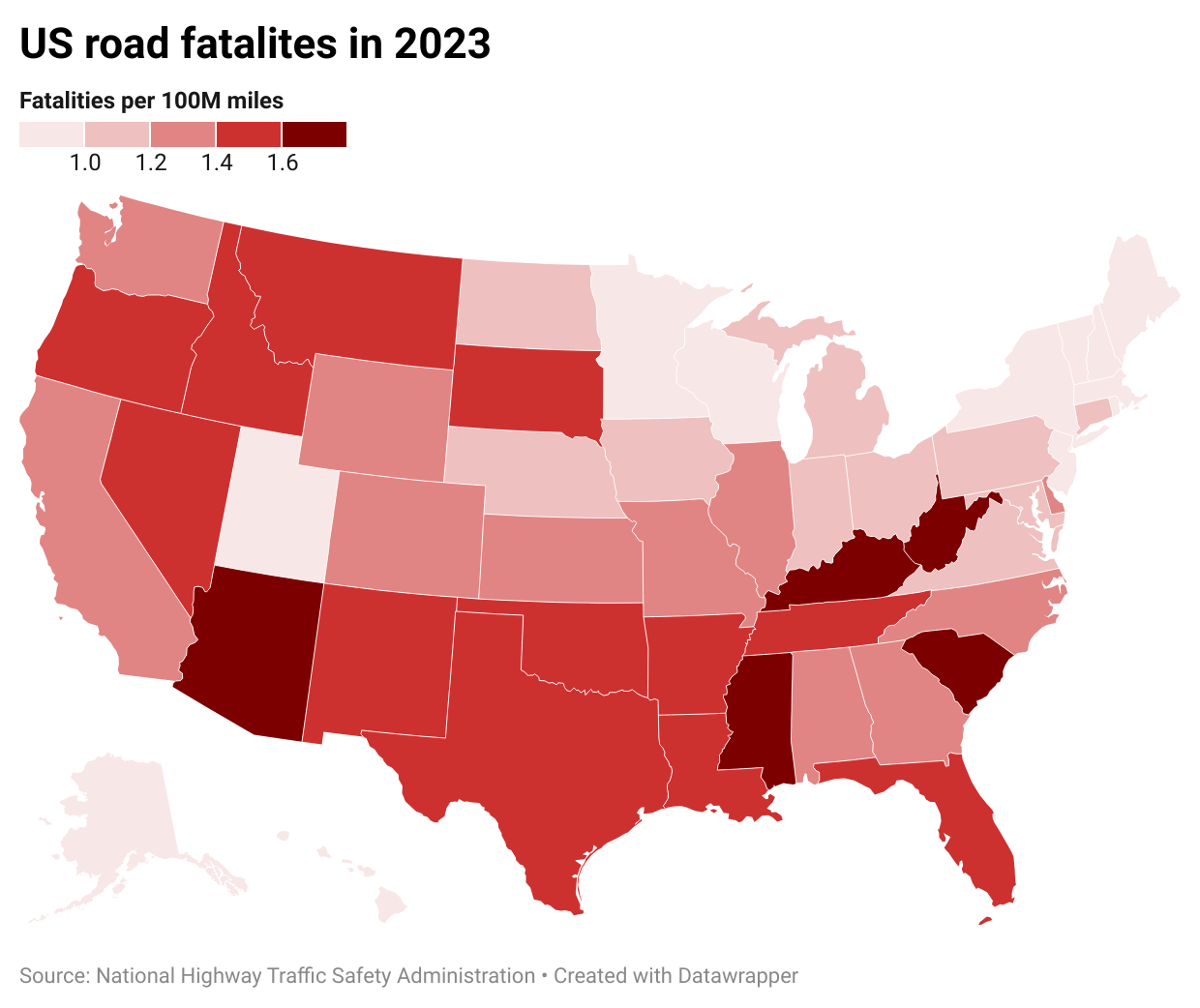 Map of U.S. showing areas with road fatalities in 2023.