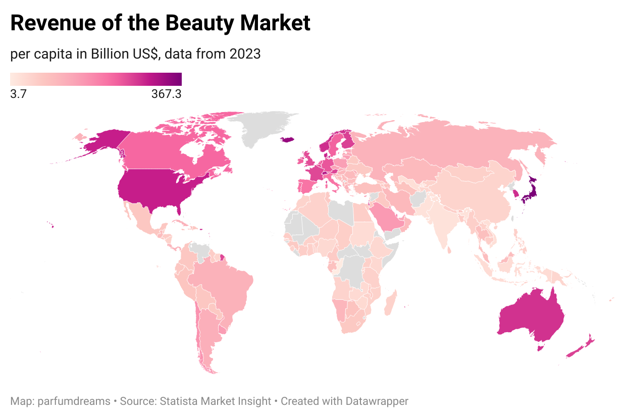 Map of the world showing which countries have the highest revenues in the beauty market.