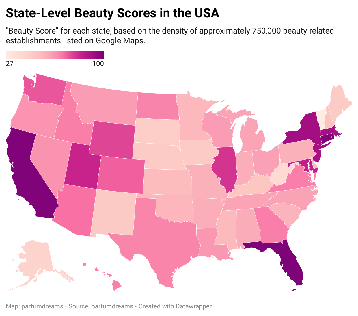 Map showing beauty facility scores of each state.