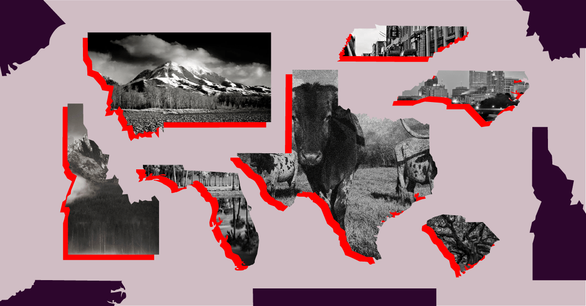 A creative collage of red U.S. states, each showcasing a photo of what they are famous for.